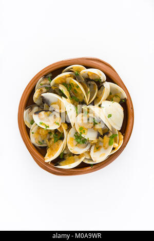 Clams with marinera sauce.Almejas a la marinera. Spanish recipe isolated on white background Stock Photo