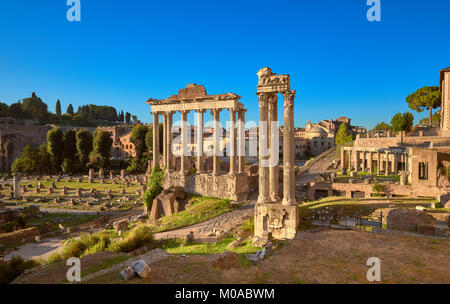 Panoramic image of Roman Forum, also known as Foro di Cesare, or Forum of Caesar, in Rome, Italy, early in the morning Stock Photo