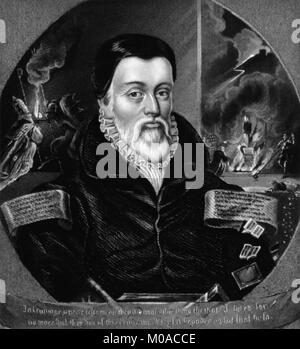 William Tyndale (1494 - 1536) was an English scholar and leading figure in the Protestant Reformation who, defying the Catholic Church and English government, translated the Bible into English, for which he was strangled and burnt at the stake in 1536. Stock Photo
