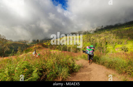 Porter carrying food up the mountain in Rinjani, Indonesia Stock Photo