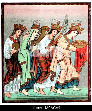 The female personifications of Sclavinia, Germany, Gaul and Rome bringing gifts, homage of the Four Provinces of Otto III, from the Gospel of Henry II, digital improved reproduction of an original from the year 1880 Stock Photo