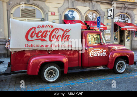 Vintage Ford F100 pick up, Coca-cola truck in front of 'James Dean Bar', Dlouha Street Prague Czech Republic, Europe Stock Photo