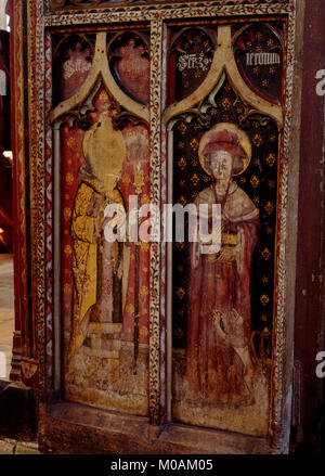 N half of C15th rood screen door in St Agnes' Church, Cawston: Flemish paintings of St Gregory dressed as the Pope (defaced) & St Jerome as a cardinal Stock Photo