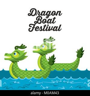 dragon boat festival with green dragons in sea poster Stock Vector