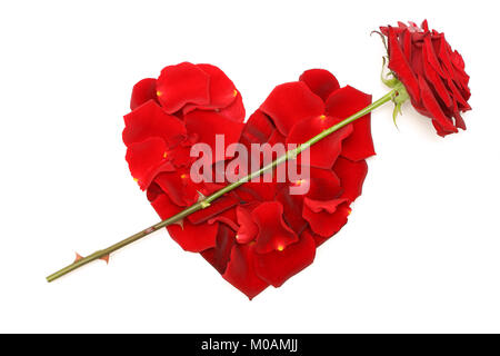 Love concepts - red rose and heart of petals Stock Photo