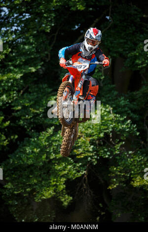 Harry Clark on the Jim Aim KTM 250 at the NGR & ACU Eastern EVO Championships, Cadders Hill, Lyng, Norfolk, UK. Stock Photo