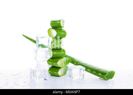 Green Aloe Vera and Ice Cubes on White Background Stock Photo