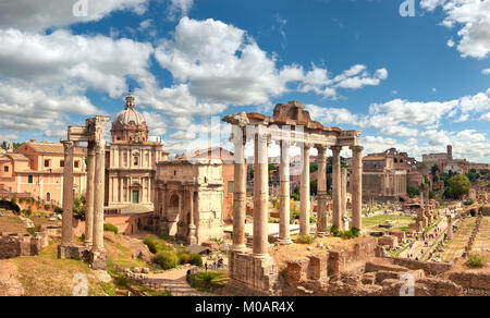 Panoramic image of Roman Forum, also known as Foro di Cesare, or Forum of Caesar, in Rome, Italy, on a bright summer day. Stock Photo