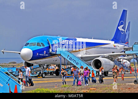 Airbus A320-233 of Tame airlines landed, Baltra airport , Galapagos,  Ecuador Stock Photo