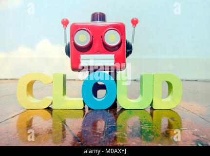 red retro robot head on the word CLOUD  on old wooden flor Stock Photo