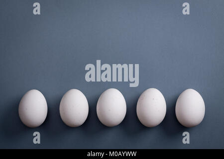 White eggs is laying in row on grey paper background. Stock Photo