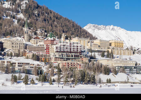 Panorama of Sankt Moritz (Saint Moritz, San Maurizio) town in Engadine, Swiss Alps, during winter Stock Photo