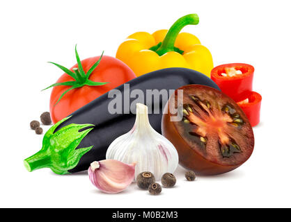 Group of different vegetables. Eggplant, tomato, pepper and garlic isolated on white background. Stock Photo