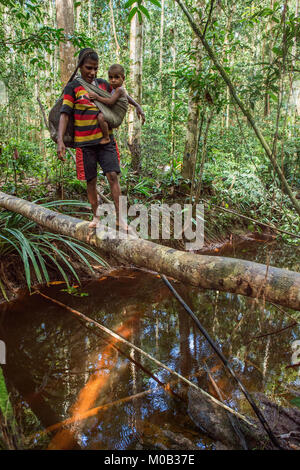 Woman with child crossing river on the tree trunk bridge, tribe of Korowai people. Family Stock Photo