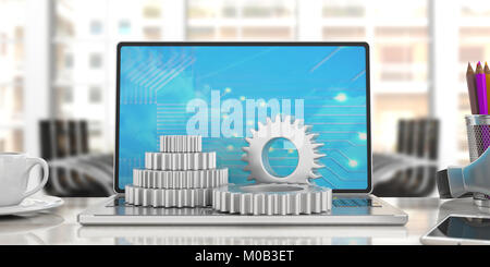 Small and large silver gears on a computer, blurred office background. 3d illustration Stock Photo