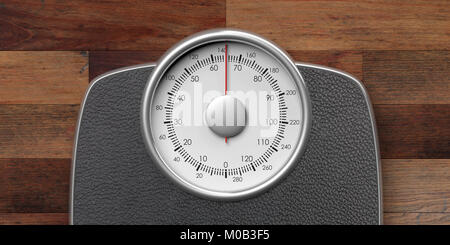 Weight control concept. Bathroom scale isolated on wooden background, top view. 3d illustration Stock Photo