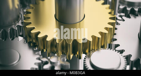 One golden metal gear on silver wheelgears background. 3d illustration Stock Photo