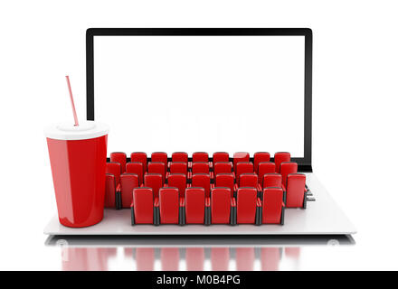 3d illustration. Laptop with blank screen and rows of cinema seats. Home cinema concept. Stock Photo