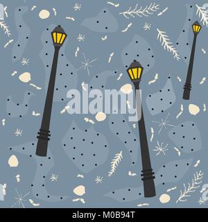 Cute seamless pattern with street lantern on blue background. Vector Illustration Stock Vector