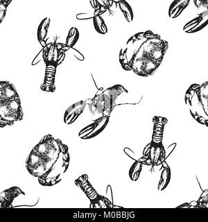 Seamless pattern of hand drawn sketch style lobsters and crabs. Vector illustration isolated on white background. Stock Vector