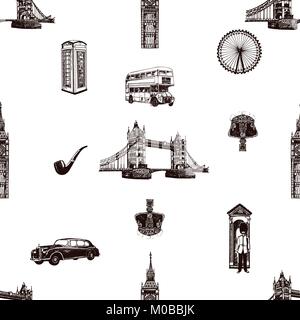Seamless pattern of hand drawn sketch style England themed objects. Vector illustration isolated on white background. Stock Vector