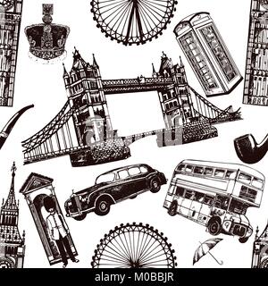 Seamless pattern of hand drawn sketch style England themed objects. Vector illustration isolated on white background. Stock Vector