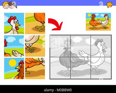 Cartoon Illustration of Educational Jigsaw Puzzle Activity Game for Children with Two Hens or Chickens Farm Animal Characters Stock Vector