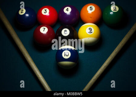 group of billiard balls arranged in triangle with cue sticks on a green billiard table Stock Photo