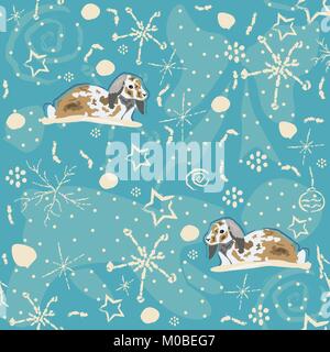 Seamless Winter pattern with bunnies on blue background with hand drawn winter doodles. Vector Illustration Stock Vector