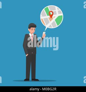 Businessman find location in map application on smartphone. Business and technology concept. Stock Vector