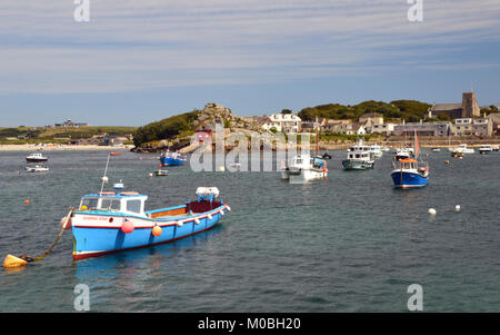 The ISO Ferry Gliding Star Anchored in the Bay in Hugh Town Harbour St Marys Island, Isles of Scilly, England, Cornwall, United Kingdom. Stock Photo