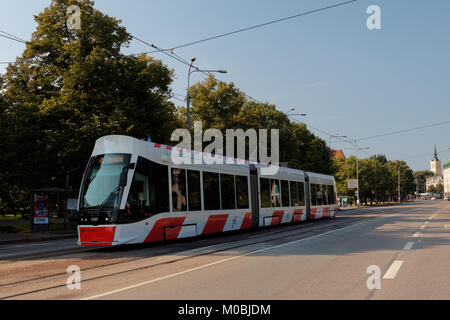 Tallinn, Estonia - August 20, 2016: Modern tram on the Viru square. The first tram route in the city was opened in 1888 Stock Photo