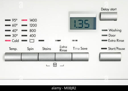 Washing machine set to cold wash and 1400RPM spin speed 1hr 35min 1.35hrs Stock Photo