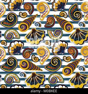 Vector seamless pattern of seashells on striped background. Hand drawn vintage engraved illustration of ocean underwater animals. Stock Vector