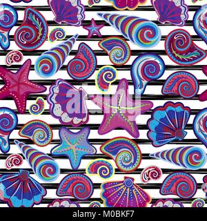 Vector seamless pattern of seashells on striped background. Hand drawn vintage engraved illustration of ocean underwater animals. Stock Vector