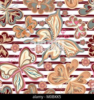 Abstract hand drawn stripped pattern with butterflies. Wrapping print. Repeat background. Stock Vector