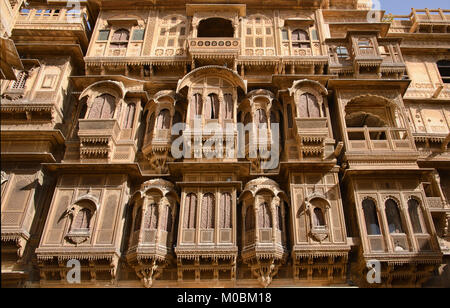 The ornate yellow sandstone carved Patwon Ji Ki Haveli, Jaisalmer, Rajasthan, India Stock Photo