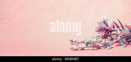 Floral border with beautiful flowers on pink background, banner, top view Stock Photo