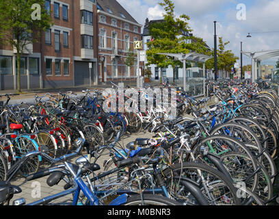 Maastricht, Netherlands - September 8, 2013: Bicycle parking near the train station. The Maastricht University calls the bicycle an element of the rea Stock Photo