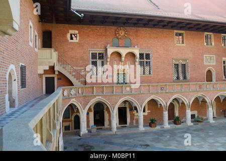 Krakow, Poland - September 15, 2013: Gallery and courtyard of Collegium Maius, the oldest building of Jagiellonian University. Founded in 1364, it's t Stock Photo
