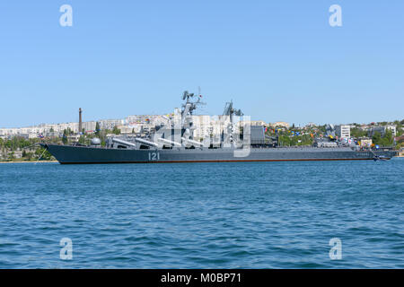 Sevastopol, Ukraine - May 8, 2013: Russian cruiser Moskva anchored in the bay before the military parade in honor of 230th anniversary of Black Sea Na Stock Photo