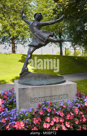 OSLO, NORWAY – AUGUST 18, 2016: Bronze statue of women skater Sonja Henie, she is Norwegian Olympic Ice Skating and Gold Medal Winner located on Vigel Stock Photo