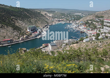 Balaklava, Ukraine - May 7, 2013: Aerial view to the harbor of Balaklava, Crimea, Ukraine on May 7, 2013. In Soviet times, the naval base of submarine Stock Photo