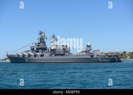 Sevastopol, Ukraine - May 8, 2013: Russian cruiser Moskva anchored in the bay before the military parade in honor of 230th anniversary of Black Sea Na Stock Photo