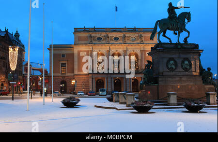Stockholm, Sweden - January 5, 2012: Equestrian statue of King Gustav II Adolf against the Royal Swedish Opera. Building erected in 1899 by Axel Johan Stock Photo