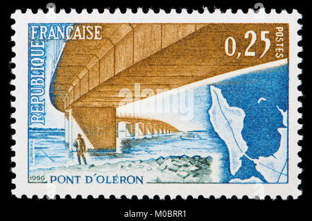 French postage stamp (1966) : Pont de l'île d'Oléron / Pont d'Oléron / Viaduc d'Oléron. Opening of the Oleron Bridge, 21st June 1966 Stock Photo