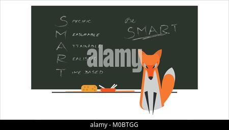 The Fox Sittin in front of Board with Text Written by Chalk. SMART Criteria for Your Goals. Management Technique. Designed in Flat Design. Stock Vector