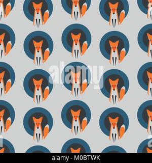 Vector Seamless Pattern with a Fox on a Grey Background with Blue and Dark Gray Rounds. Designed for Wrapping Paper, Textile Print etc. Stock Vector
