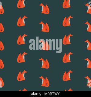 Seamless Pattern for Example for Wrapping Paper or Textile Print with Cute Orange Foxes on Dark Green Background Stock Vector