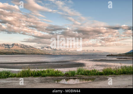 View from Bjerkvik during a Nordic summer night towards Ofotfjord and Narvik. This fjord was the scene for several naval battles during World War II. Stock Photo